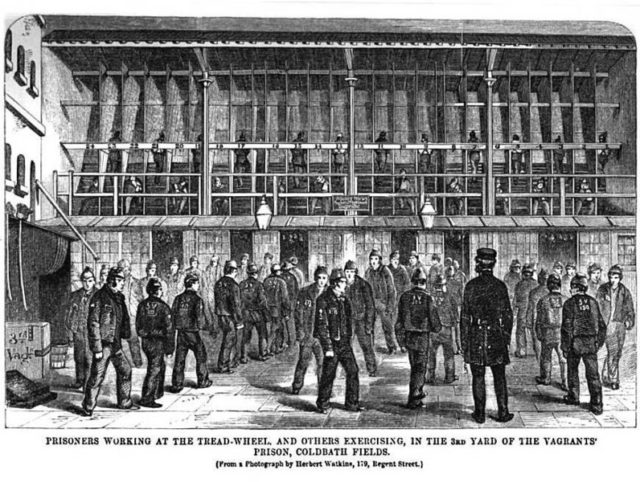 Prisoners working at the tread-wheel. Author: Google scan of 1864 book by Henry Mayhew & John Binny