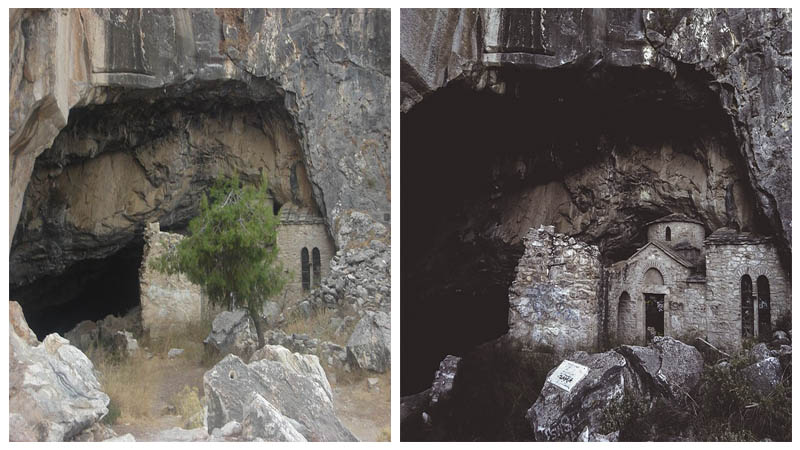 Left: The entrance to the cave Author: NikosFF - CC BY-SA 4.0 Right: The church at the entrance of the cave Author: George Halliwell - CC BY-SA 4.0