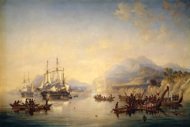 HMS Erebus and HMS Terror in New Zealand. Author: James Wilson Carmichael