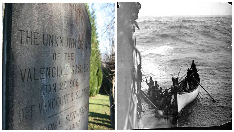 Left: The unknown dead of the Valencia disaster. Author: Choogler - CC BY-SA 3.0. Right: Some of the SS Valencia Survivors. Author: Unknown - Public Domain.