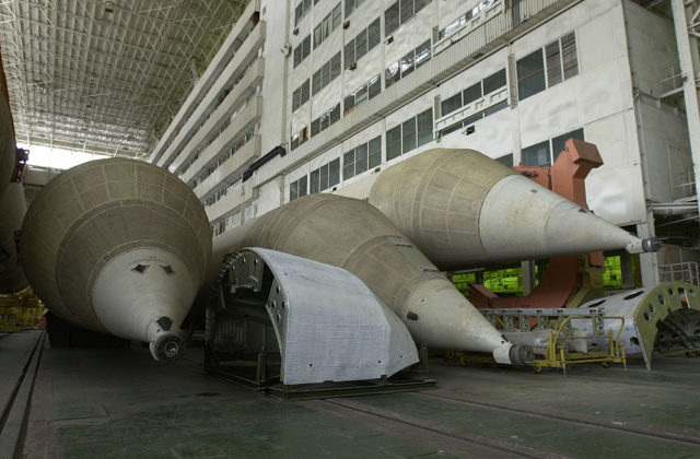 Pieces of equipment scattered within the assembly and refueling complex of Baikonur Cosmodrome