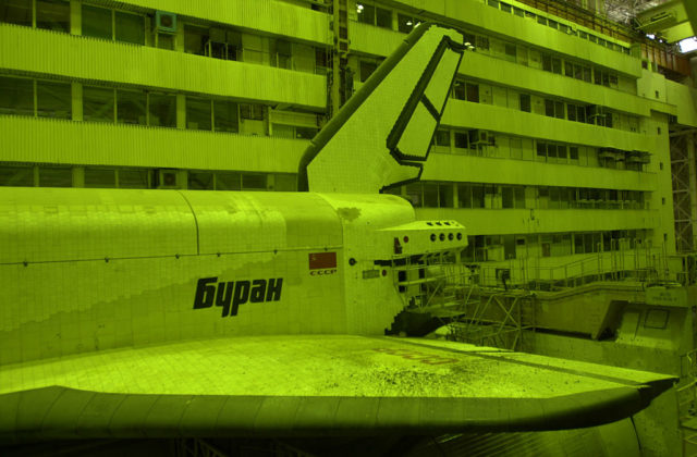 Backend of a Buran spacecraft in the assembly and refueling complex at Baikonur Cosmodrome
