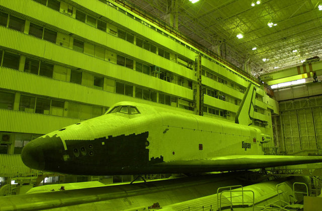 Buran spacecraft in the assembly and refueling complex at the Baikonur Cosmodrome