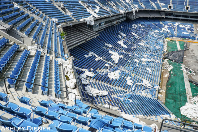 Debris strewn across rows of stadium seats
