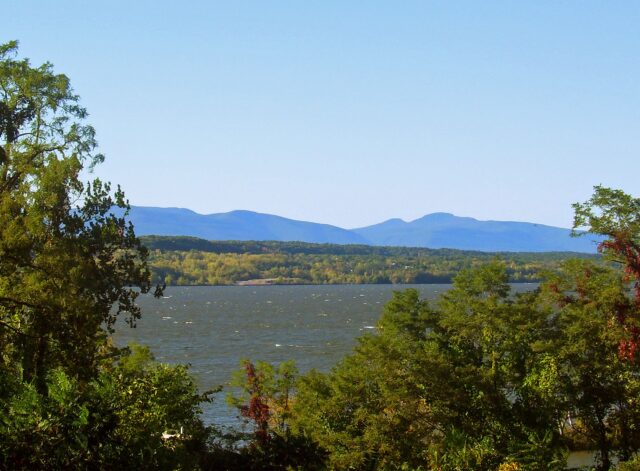 Catskill Mountains rising behind the Hudson River