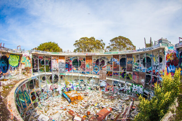 Graffiti-covered remains of Cosson Hall