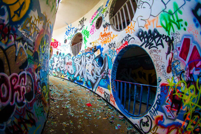 Graffiti-covered hallway in Cosson Hall