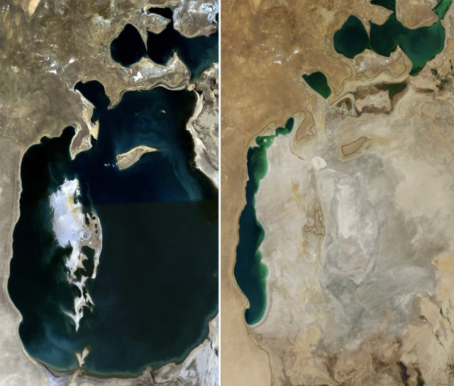 Aral Sea in 1989 (left) and 2014 (right). By NASA