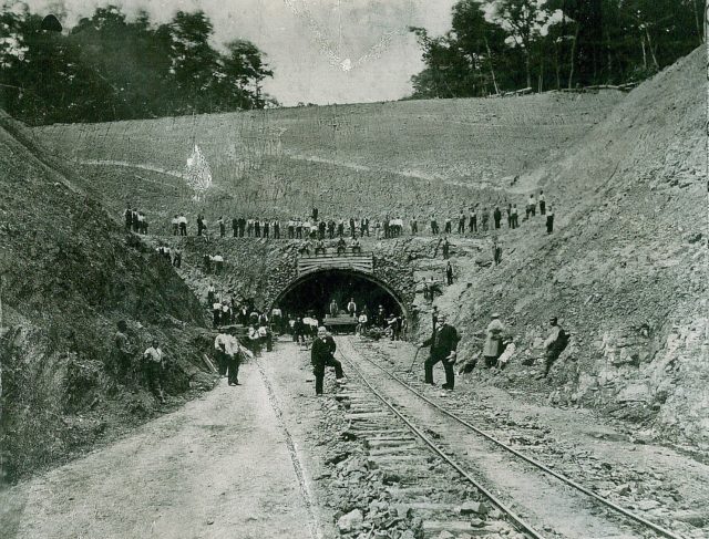 This photo was taken during the construction of Rays Hill Tunnel in the 1880s for the Southern Pennsylvania Railroad.