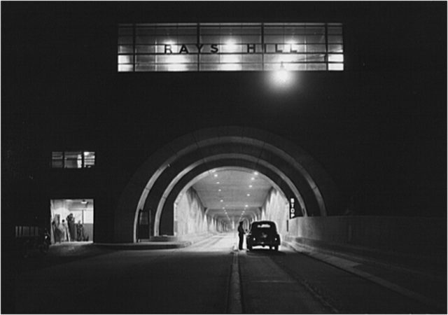 Nighttime view of Rays Hill Tunnel on the Pennsylvania Turnpike. Taken by an employee of the Office of War Information.