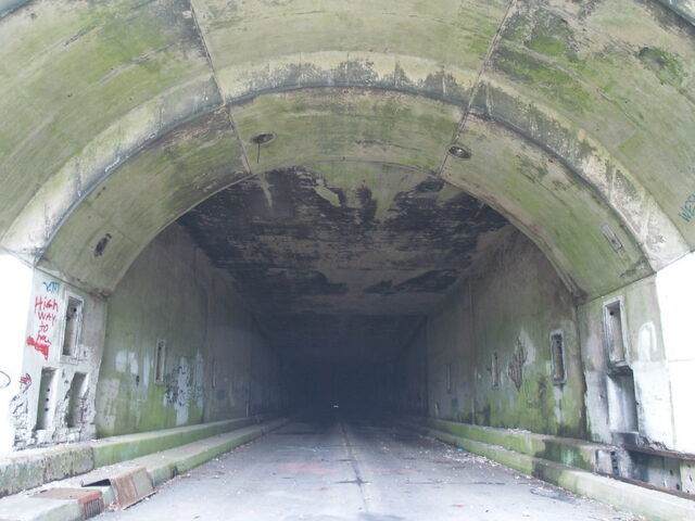 Interior of the Rays Hill Tunnel, with graffiti on the walls