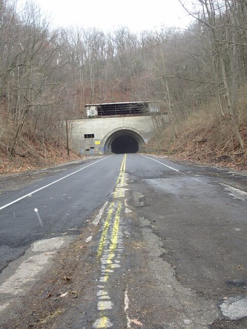 Crumbling concrete roadway leading up to the Rays Hill Tunnel