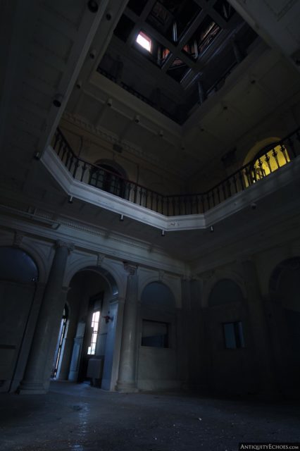 Looking up at the multiple floors from the ground level of the hospital