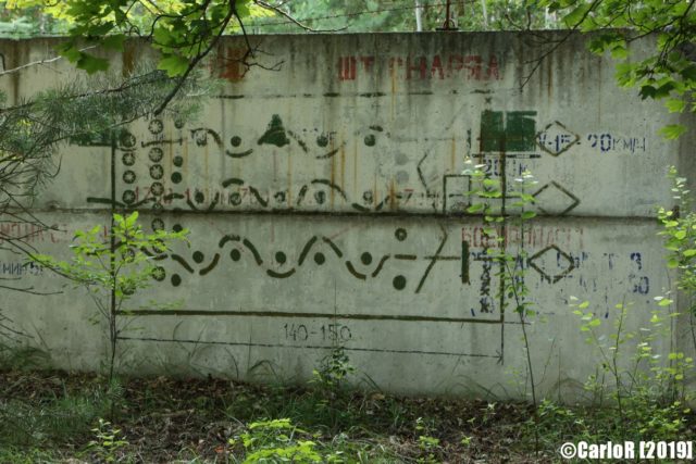 Exterior cement wall with symbols painted on it