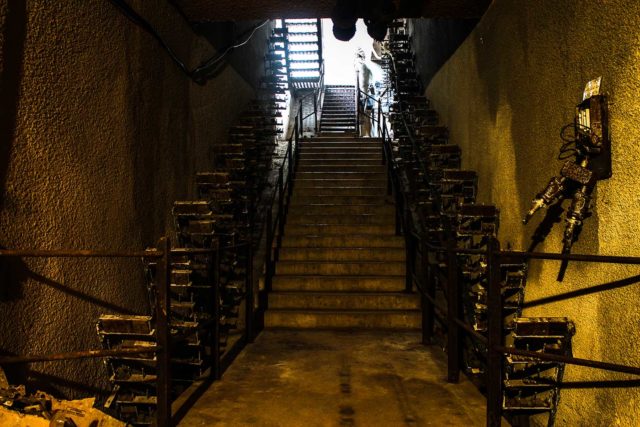 View of the entry staircase from the bottom of the bunker.