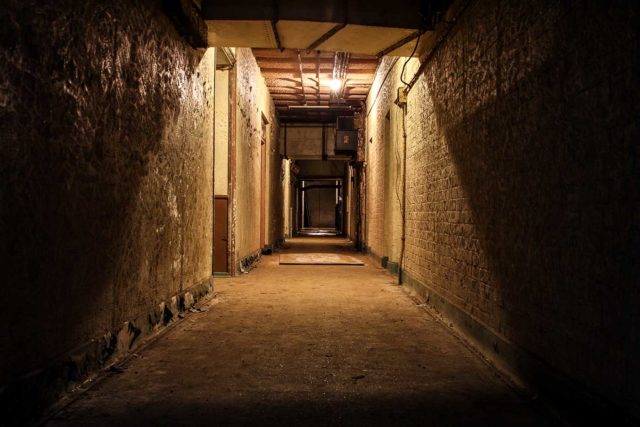 A dark hallway lit by overhead lights