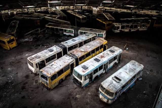 Overhead view of abandoned buses