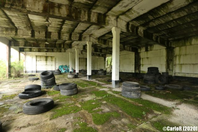 Building interior with rubber tires on the floor