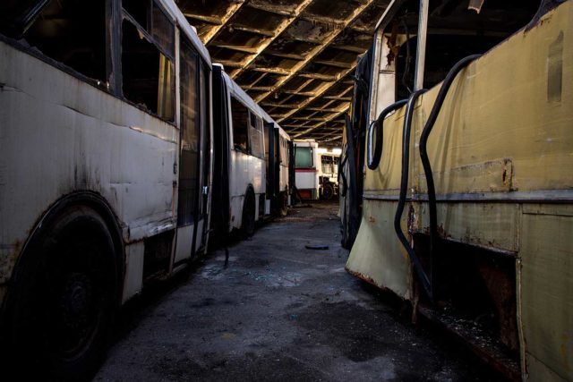 View between two rows of buses