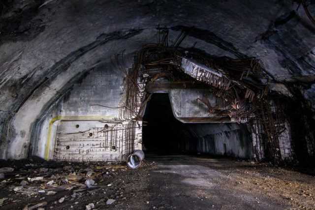 Darkened airport hangar entrance