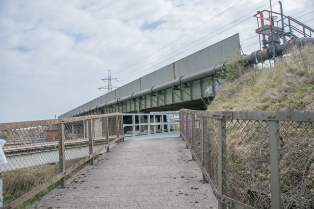 Walkway lined by a metal fence