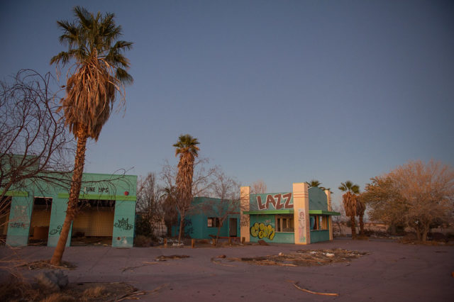 Blue building surrounded by palm trees