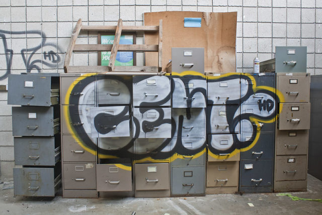 Filing cabinets covered in graffiti