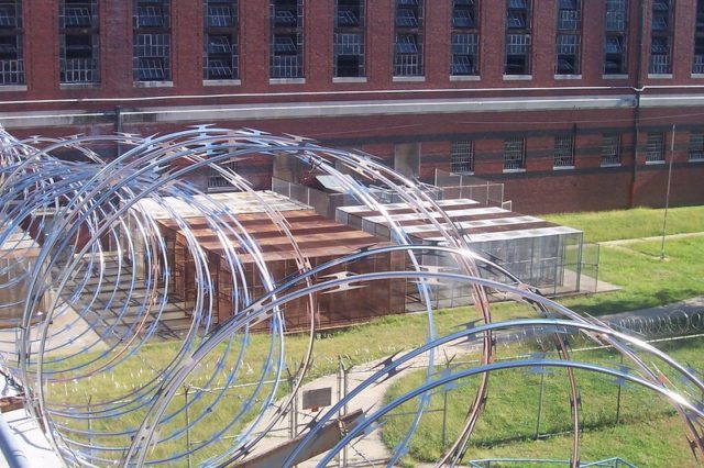 Barbed wire along the exterior of the Missouri State Penitentiary