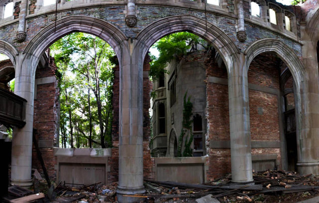Church archways and debris on the ground