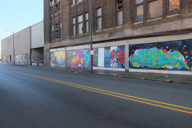 Building exteriors covered in graffiti