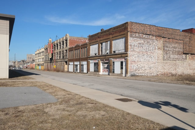 Street with boarded up buildings