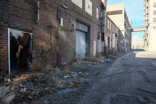 Boarded up buildings along a vacant alley in Gary, Indiana