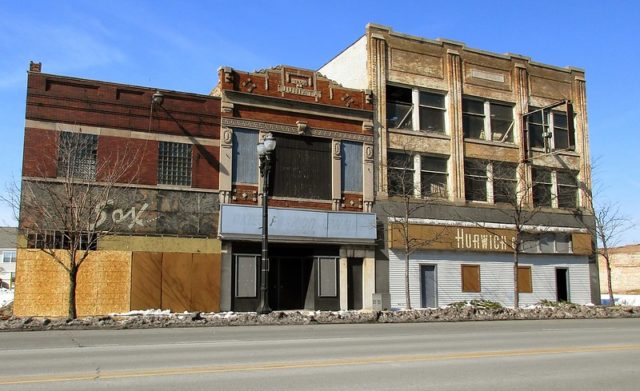 Vacant building along an empty street in Gary, Indiana