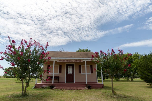 Small building surrounded by bushes