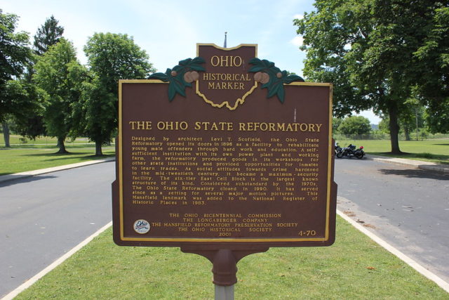 Exterior sign explaining the history of the Ohio State Reformatory