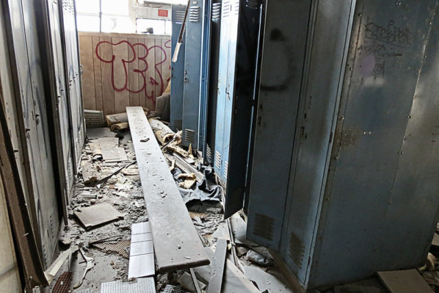 Lockers surrounded by debris