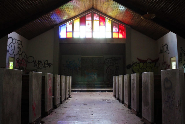 View of a chapel via its center walkway