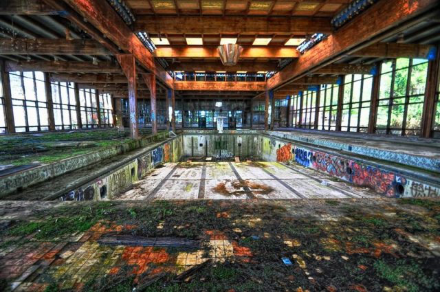 Graffiti-covered swimming pool at Grossinger's Resort