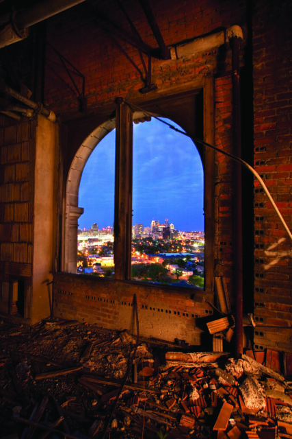 Michigan Central Station with Detroit in the background 