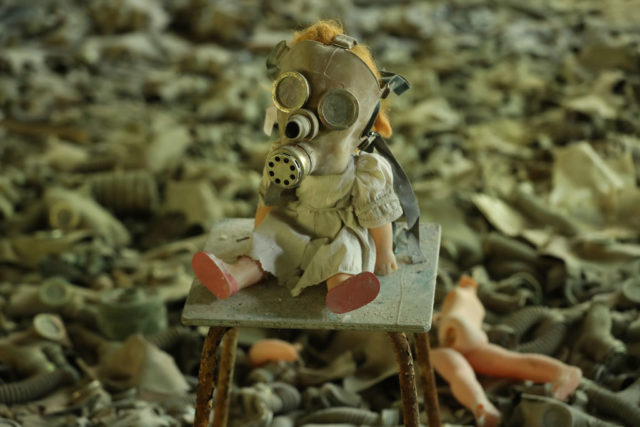Doll dressed in a gas mask in Pripyat 