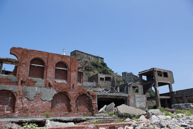 Crumbling buildings on Hashima Island
