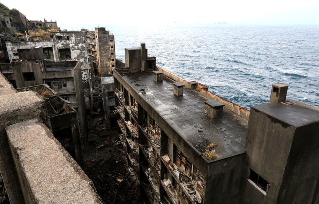 Overhead view of concrete apartment buildings on Hashima Island