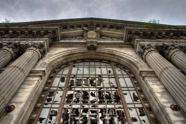 Michigan Central Station exterior with broken windows