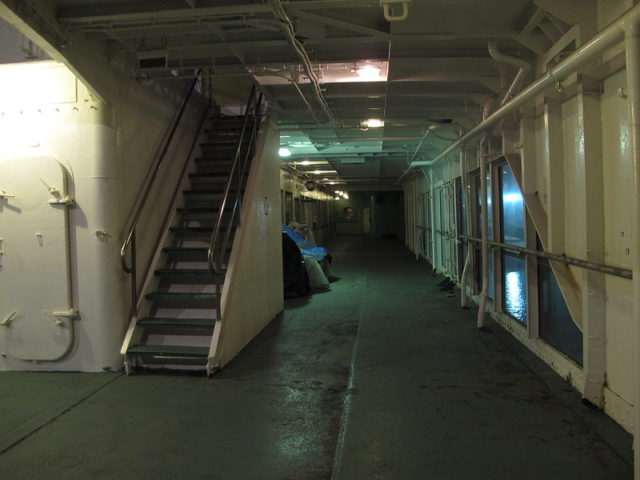 Darkened promenade deck onboard the NS Savannah