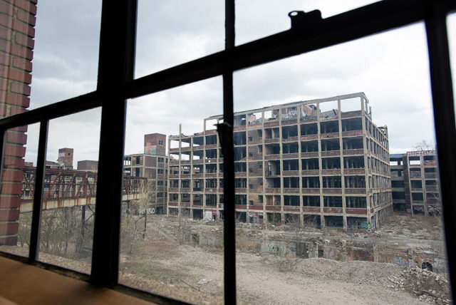 View of the Packard Automotive Plant through a window