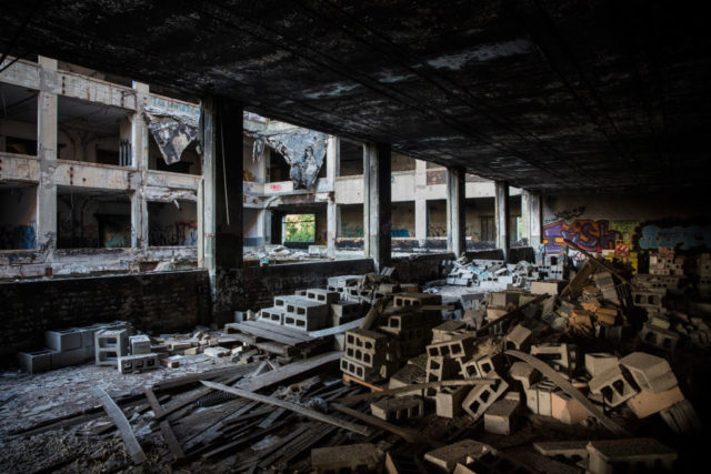 Piles of cinderblocks within the Packard Automotive Plant