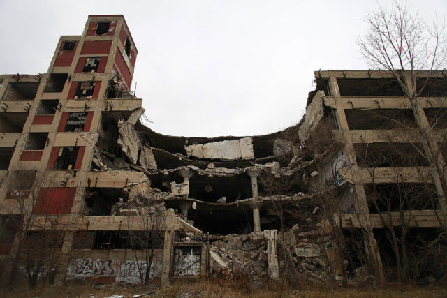 Crumbling exterior of the Packard Automotive Plant