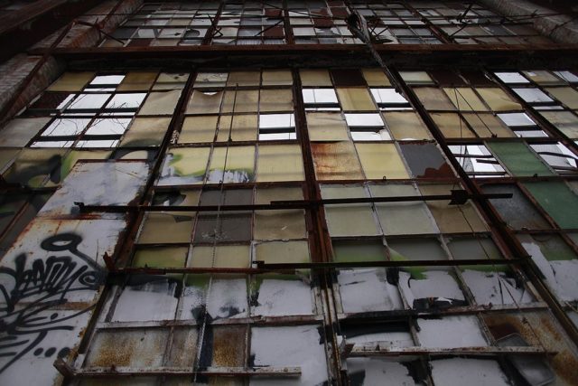 Broken windows at the Packard Automotive Plant