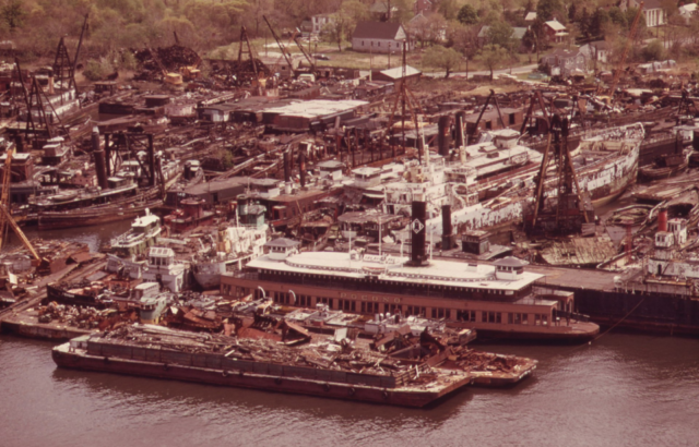 Aerial view of the Staten Island tugboat graveyard in the 1970s