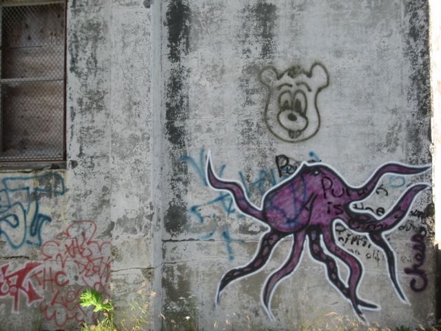 Graffiti on an exterior wall of the Buckner Building